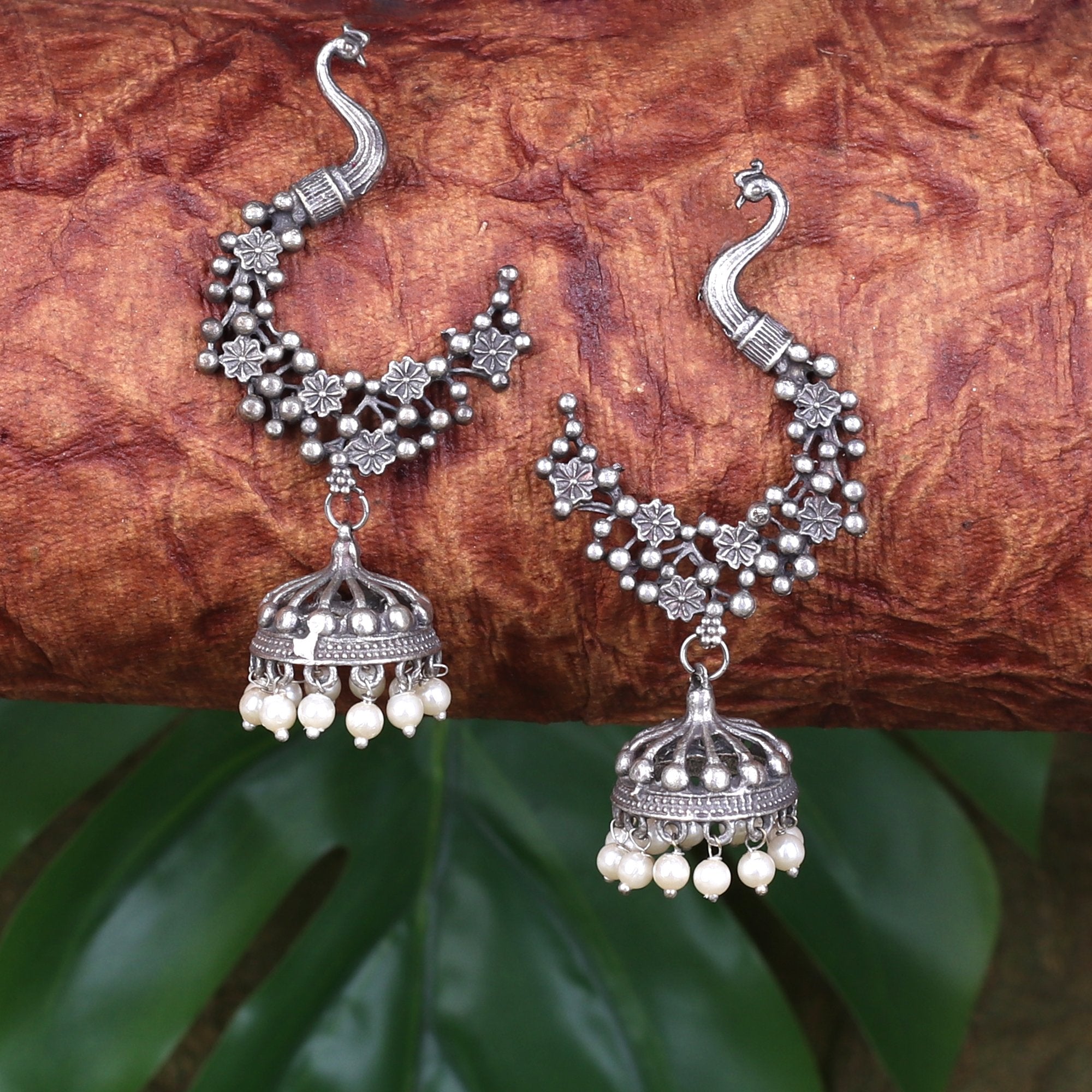 Women's Oxidised Mayura Earings With White Beads