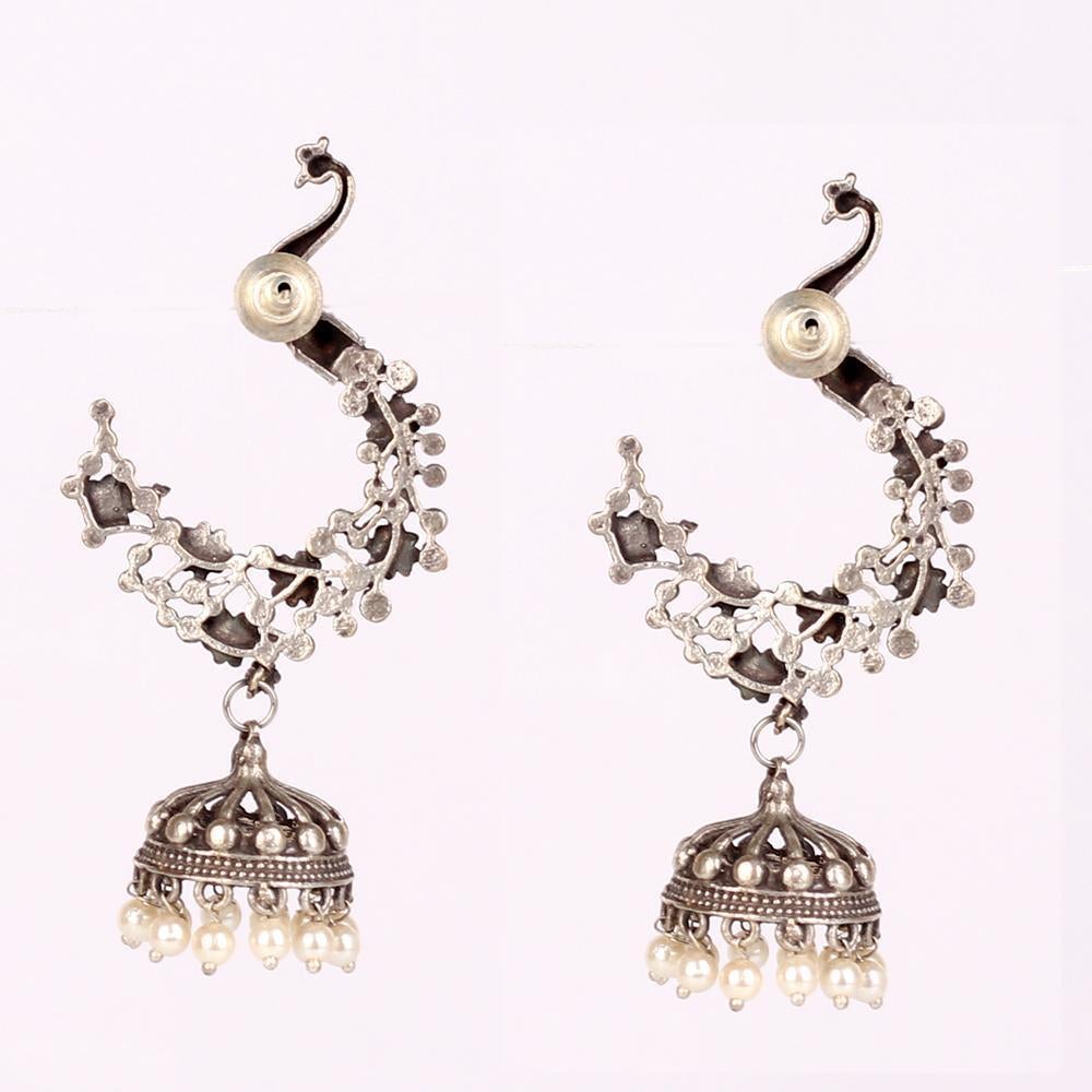 Women's Oxidised Mayura Earings With White Beads