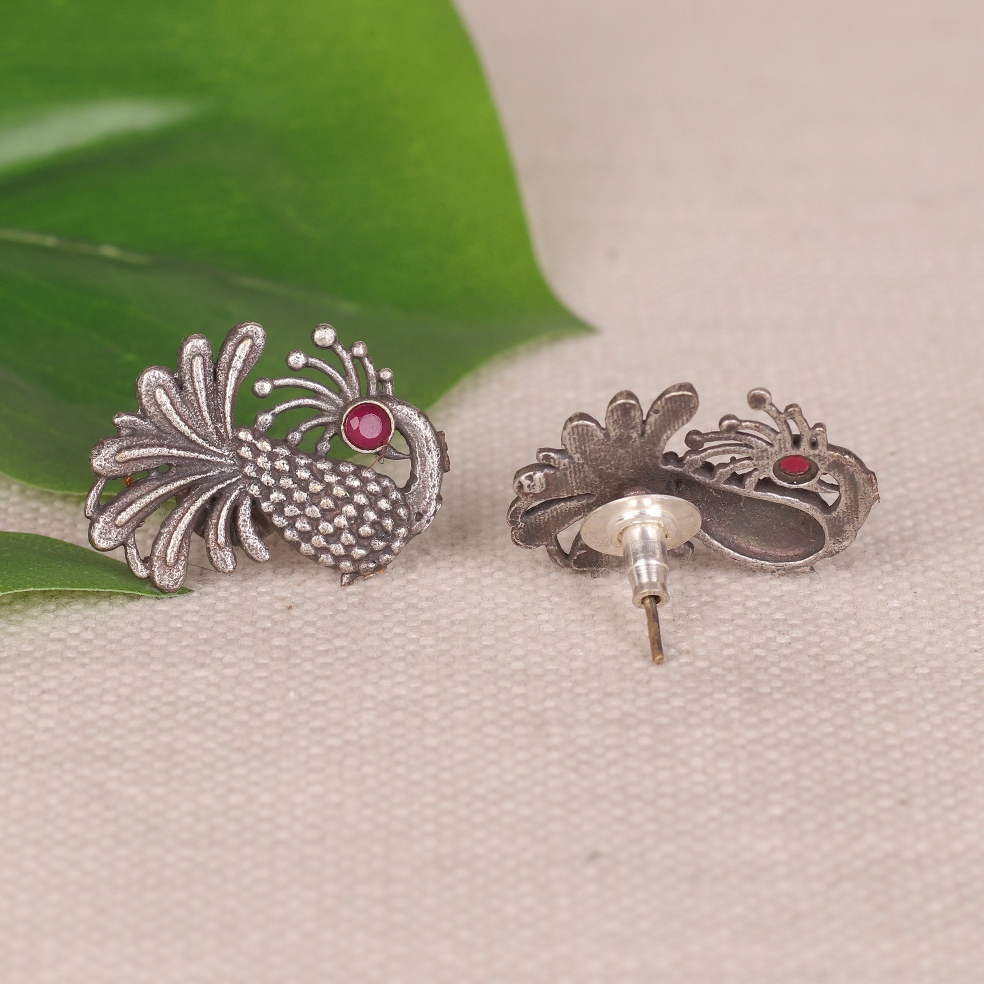 Women's Oxidised  German Silver Earings With Peacock Motif