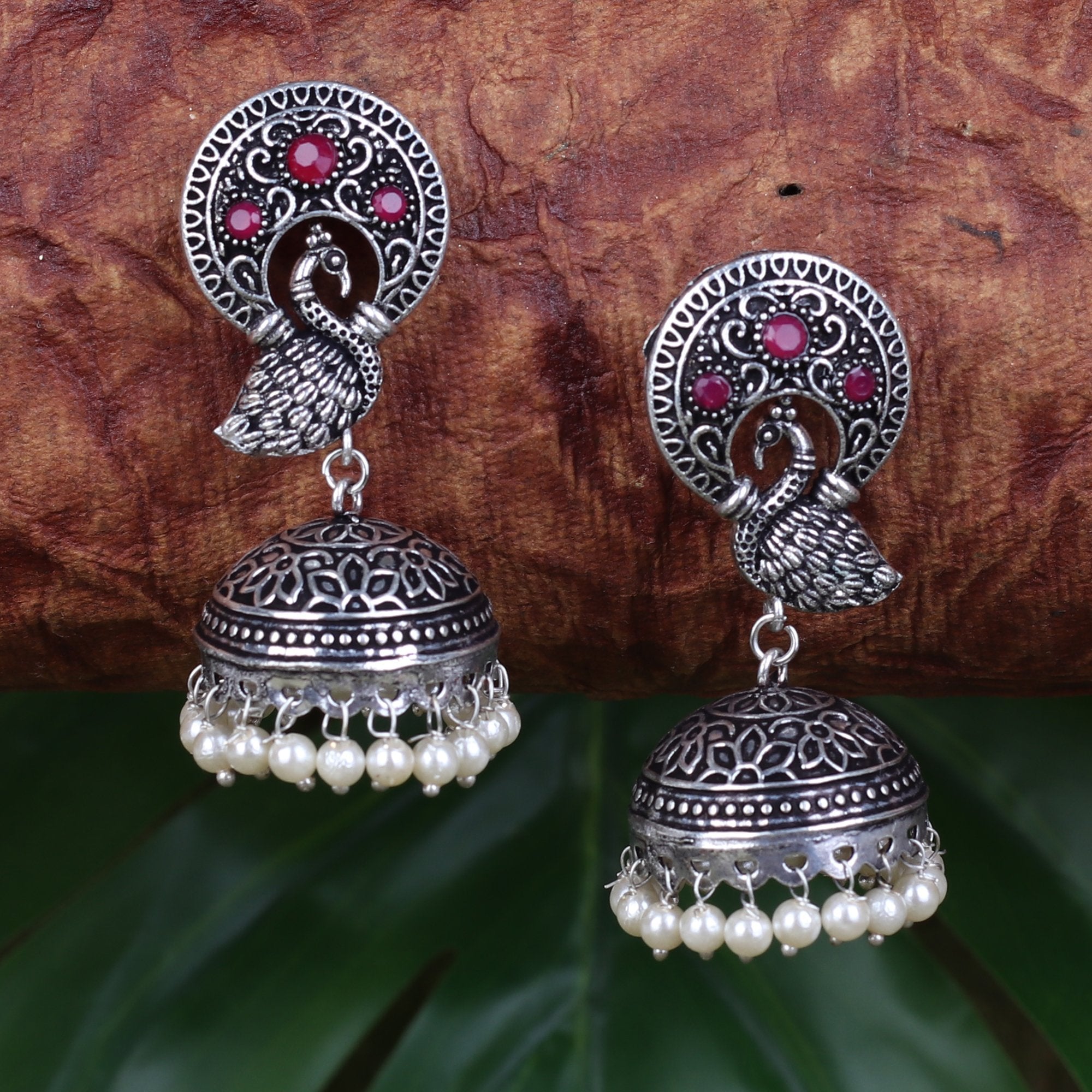 Women's Mayura Art Jhumki With Red Stone