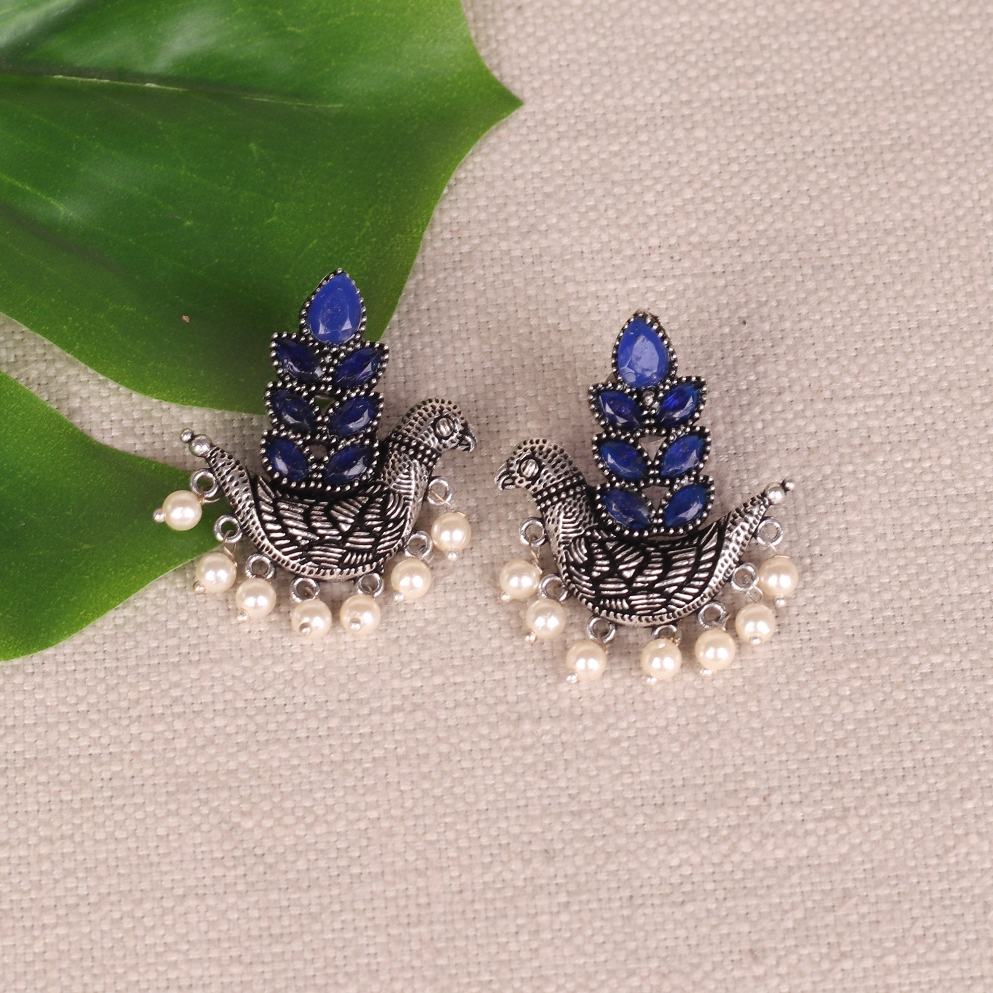 Women's Oxidised Bird Earings With Blue Stones