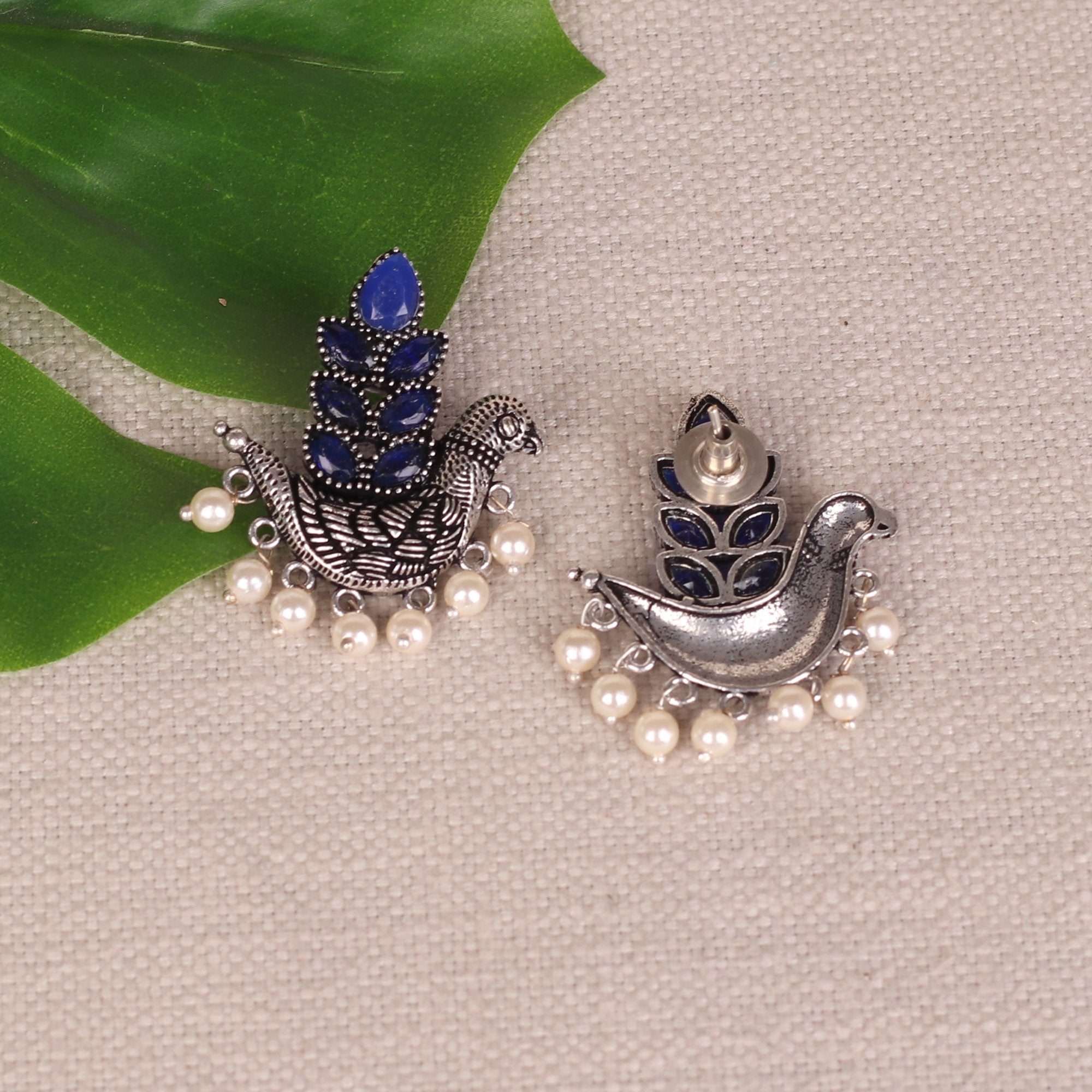 Women's Oxidised Bird Earings With Blue Stones