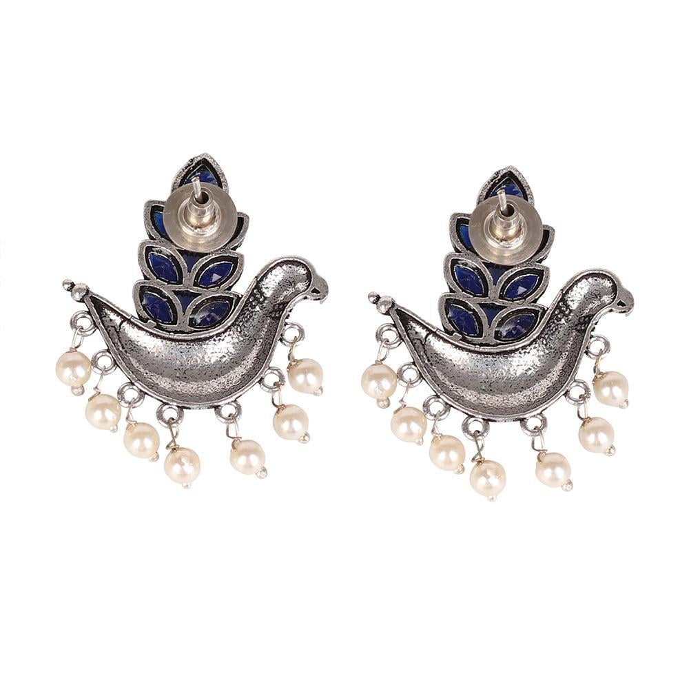 Women's Oxidised Bird Earings With Blue Stones