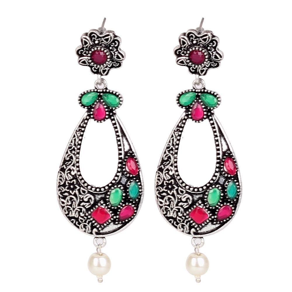 Women's Stone Studded Oxidised Earings In Red & Green