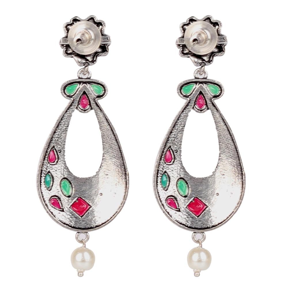 Women's Stone Studded Oxidised Earings In Red & Green