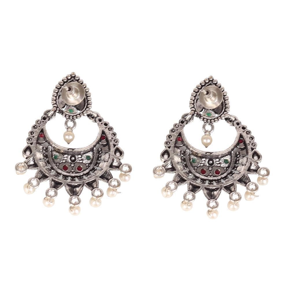 Women's German Silver Oxidised Earrings With Multicolor Stones