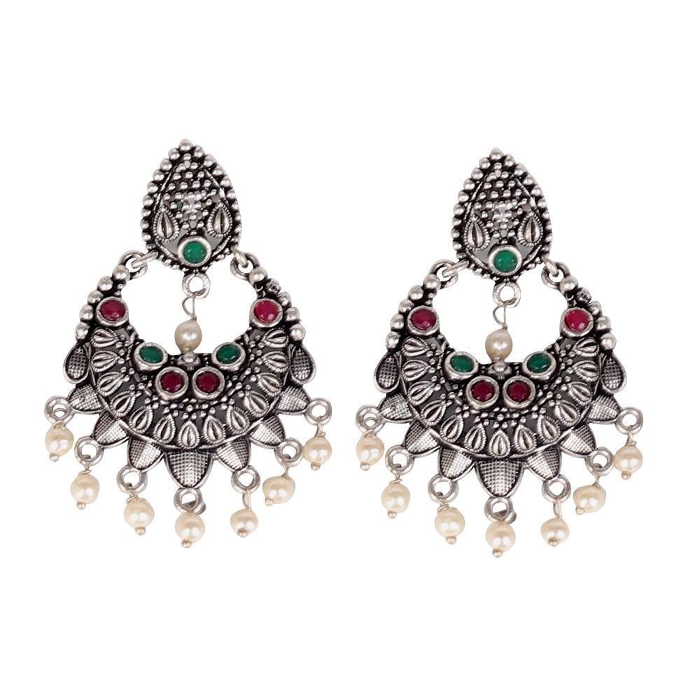 Women's German Silver Oxidised Earrings With Multicolor Stones