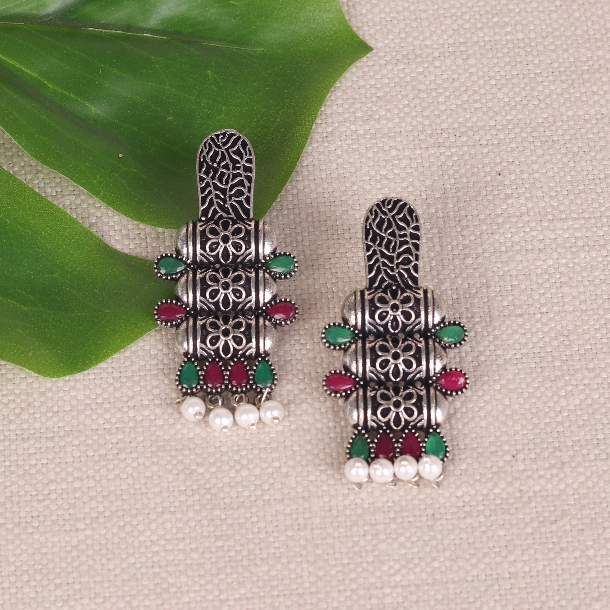 Women's Oxidised Stone Work Earings With Delicate Work