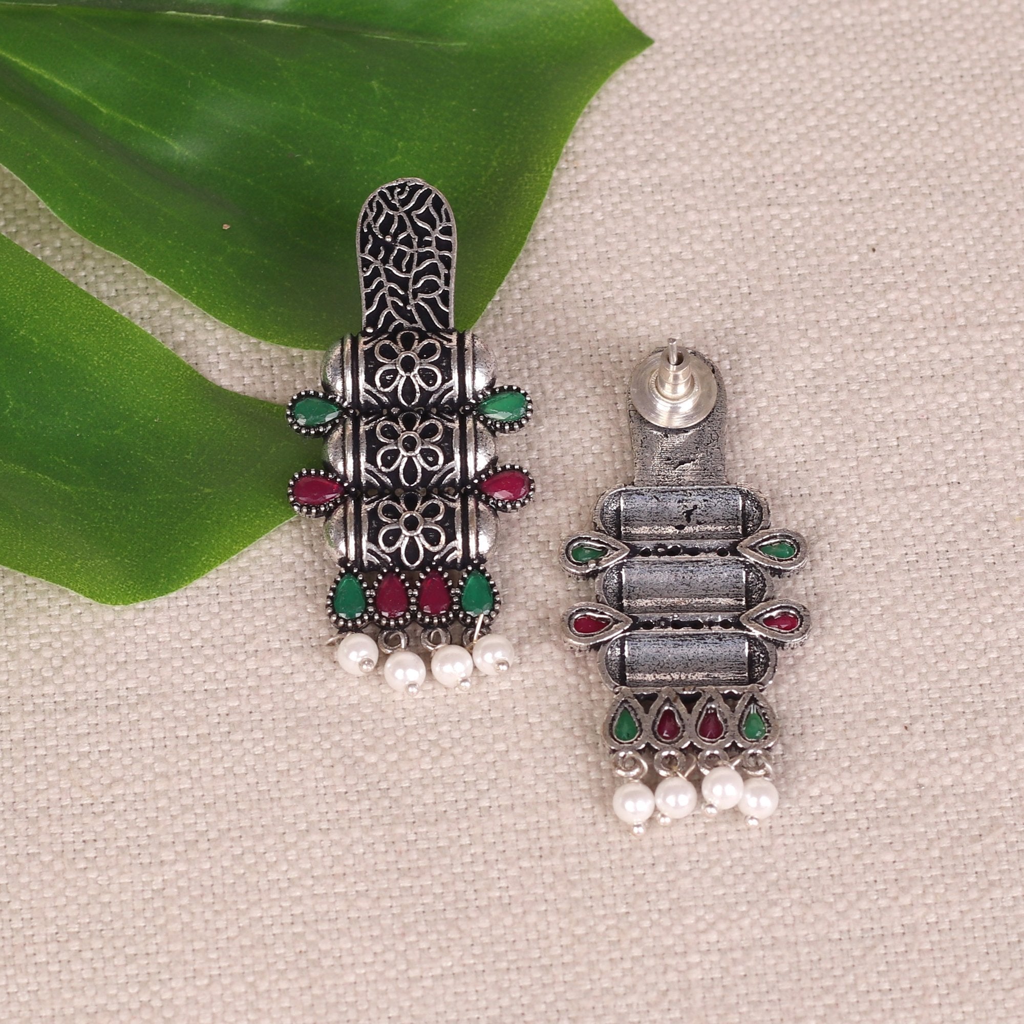 Women's Oxidised Stone Work Earings With Delicate Work