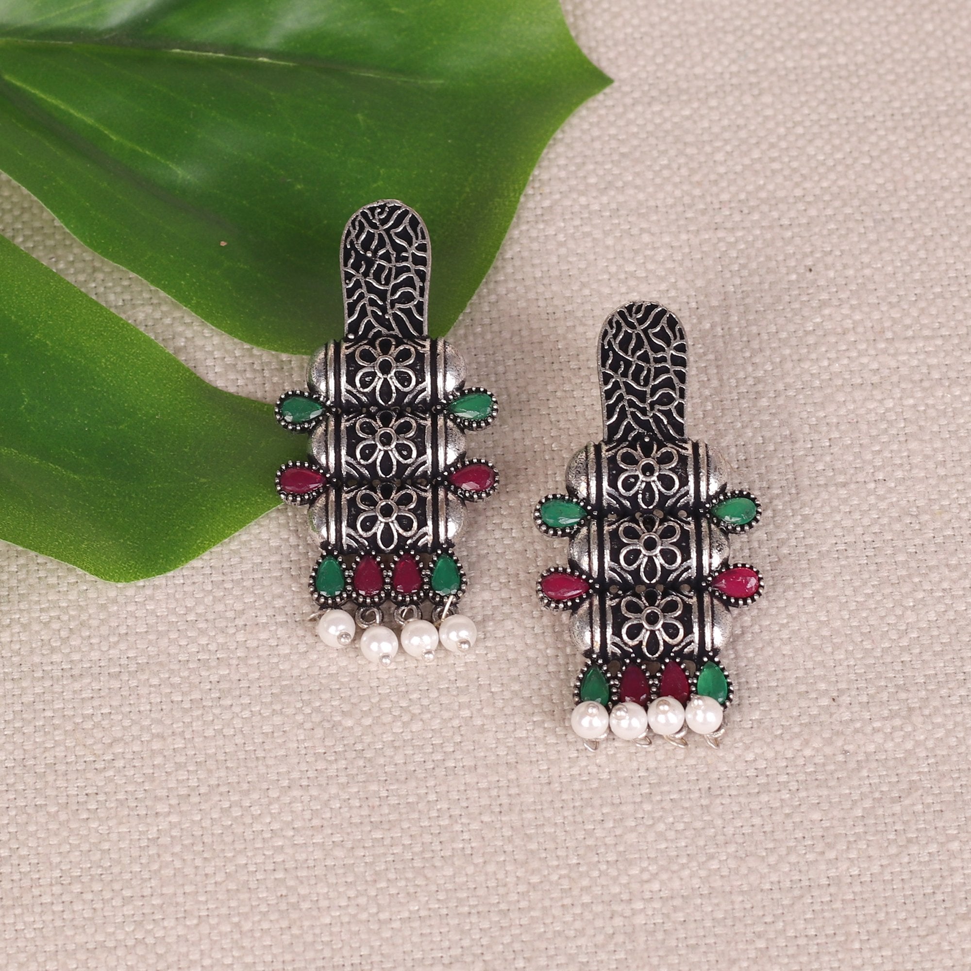 Women's Oxidised Stone Work Earings With Delicate Work