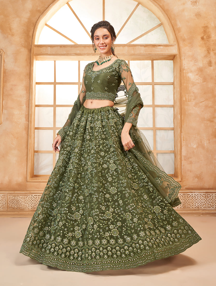 Women's Gorgeous Olive Heavy Net Embroidered Bridal Lehenga Choli - Monjolika