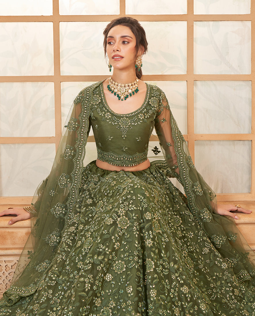 Women's Gorgeous Olive Heavy Net Embroidered Bridal Lehenga Choli - Monjolika