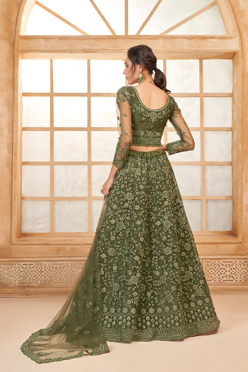 Women's Gorgeous Olive Heavy Net Embroidered Bridal Lehenga Choli - Monjolika