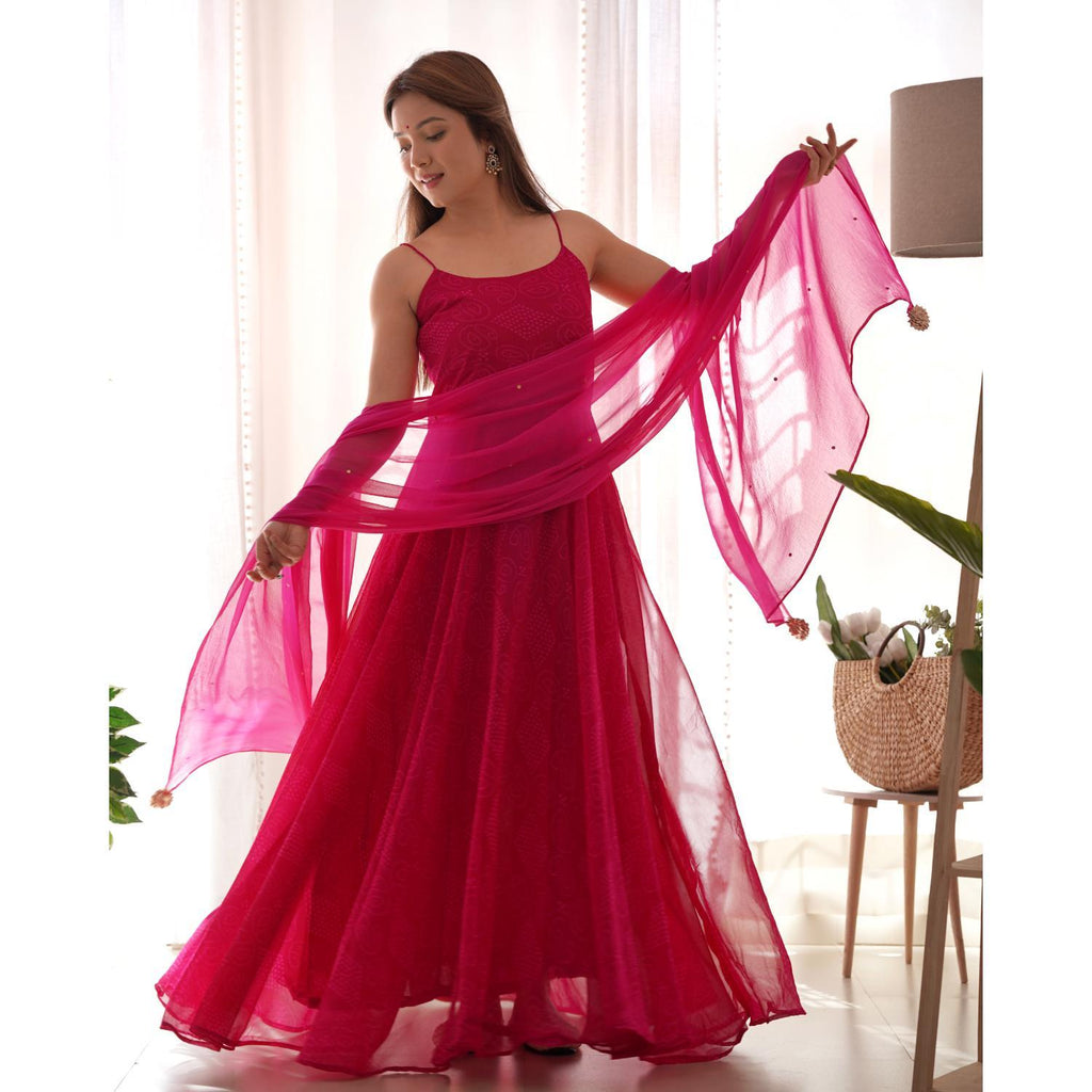Women's Magenta Bandhani Anarkali Kurta With Dupatta