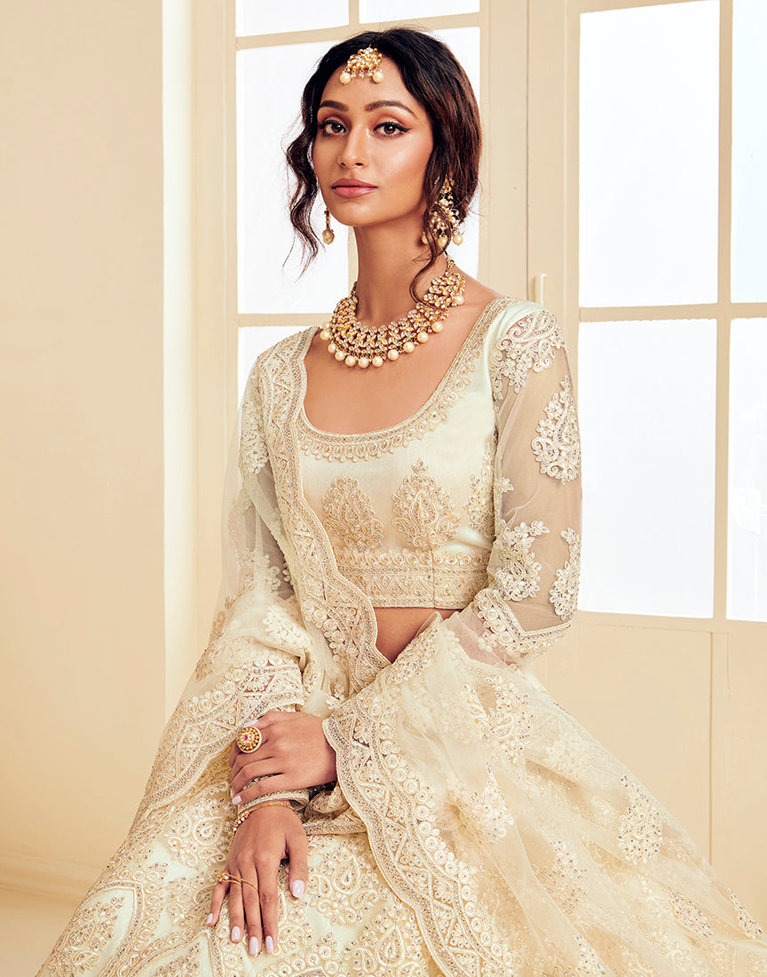 Women's Embroidered Off White Beads And Stones Semi-Stitched Lehenga And Unstitched Blouse With Dupatta - Monjolika