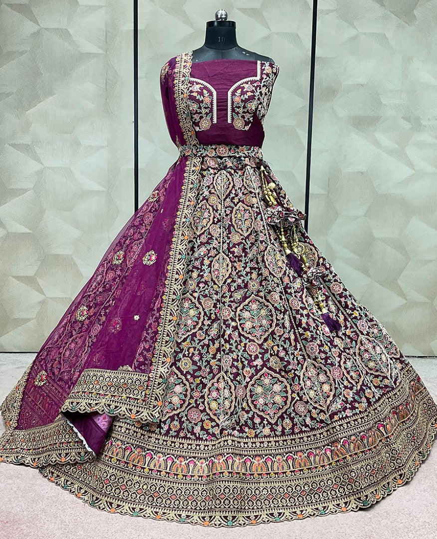 Women's Dark Purple Silk Embroidered Lehenga Set - Monjolika