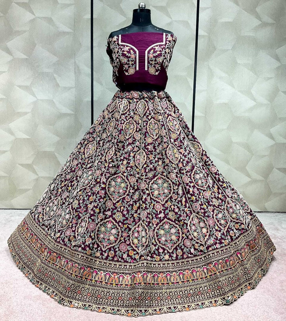 Women's Dark Purple Silk Embroidered Lehenga Set - Monjolika