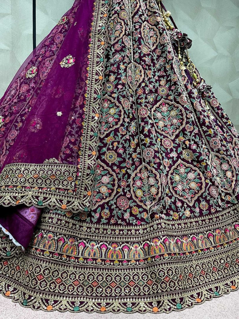 Women's Dark Purple Silk Embroidered Lehenga Set - Monjolika