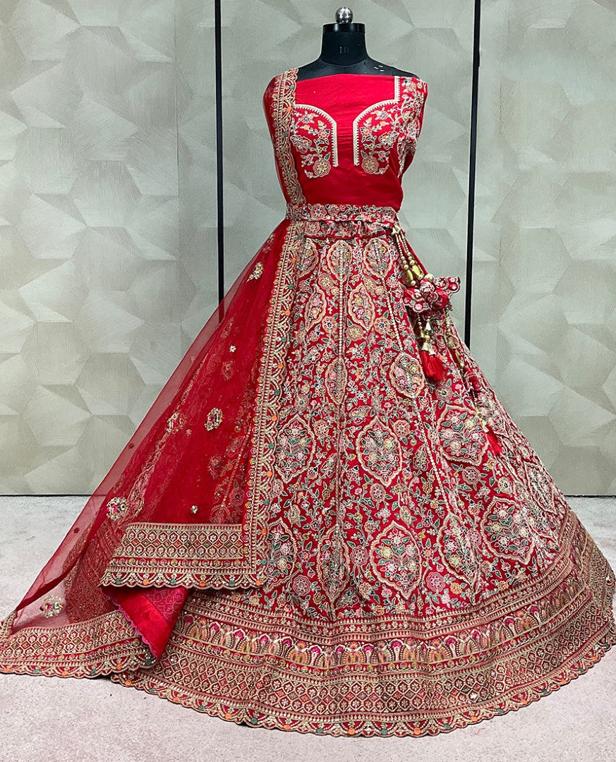 Women's Red Silk Embroidered Lehenga Set - Monjolika