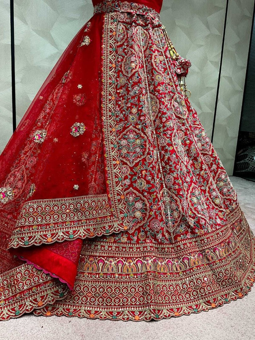 Women's Red Silk Embroidered Lehenga Set - Monjolika