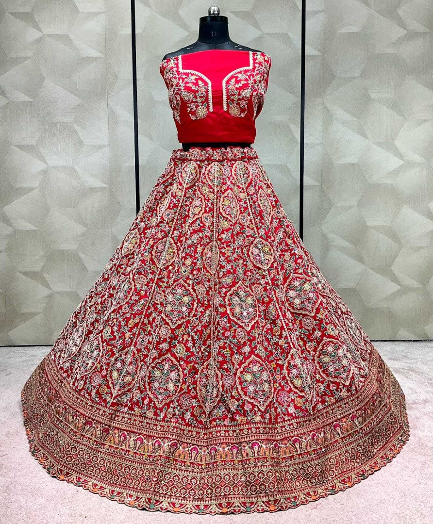 Women's Red Silk Embroidered Lehenga Set - Monjolika