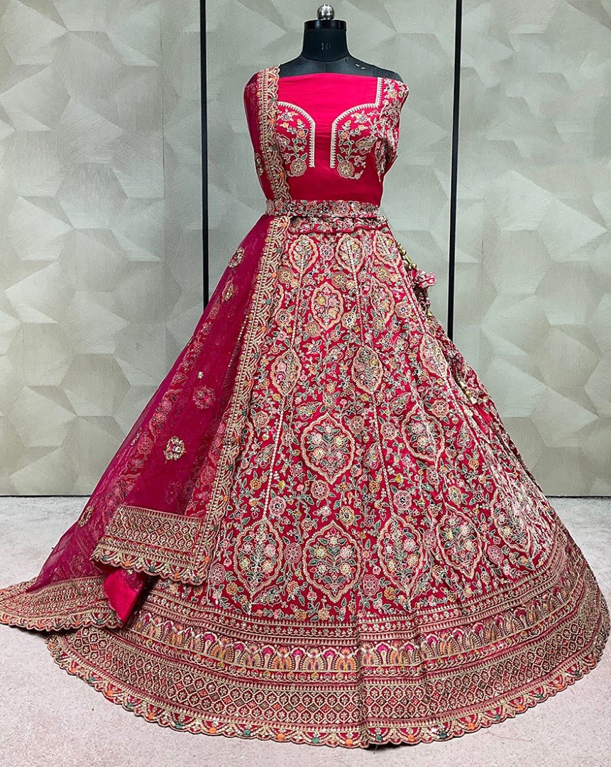 Women's Rani Pink Silk Embroidered Lehenga Set - Monjolika