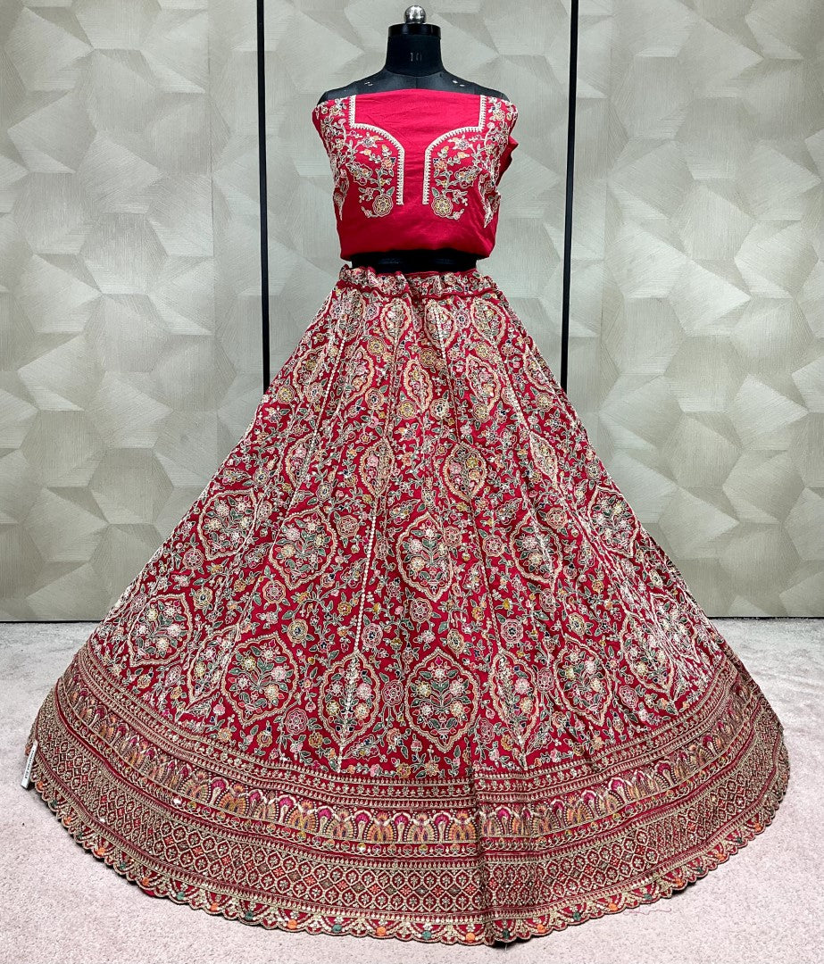 Women's Rani Pink Silk Embroidered Lehenga Set - Monjolika