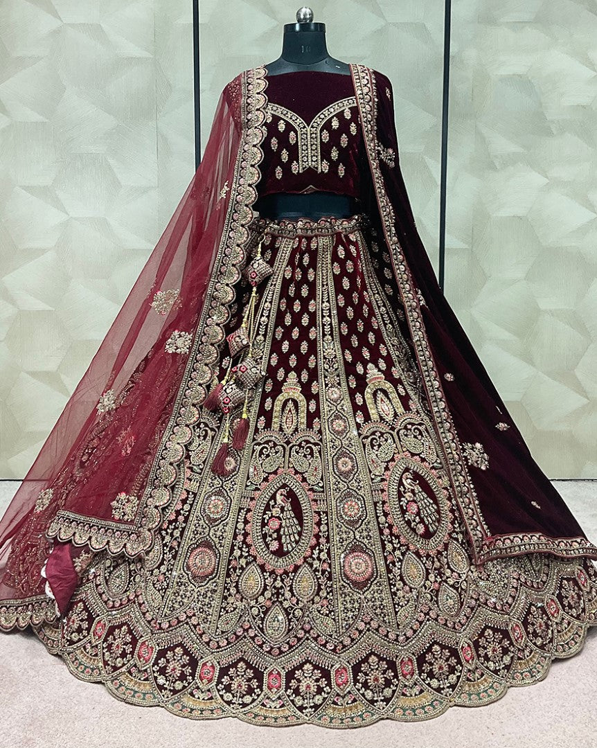 Women's Dark Maroon Silk Embroidered Lehenga Set - Monjolika