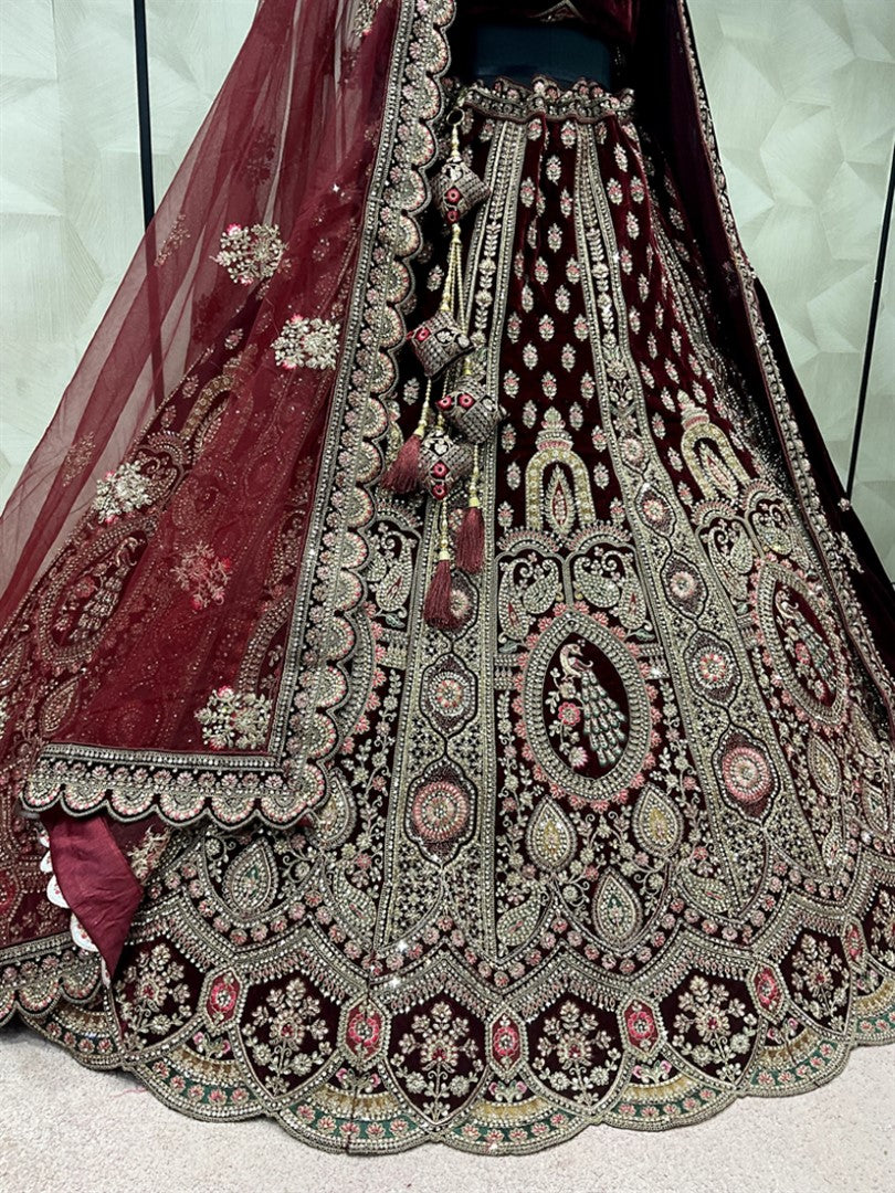 Women's Dark Maroon Silk Embroidered Lehenga Set - Monjolika