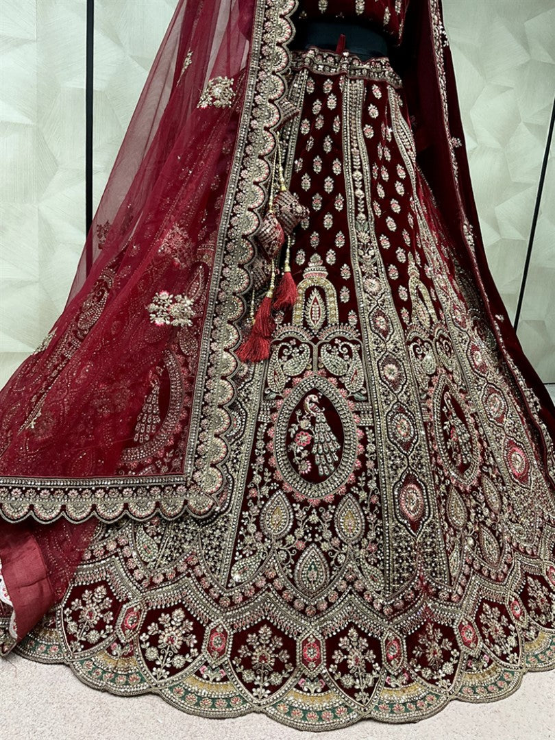 Women's Dark Maroon Silk Embroidered Lehenga Set - Monjolika