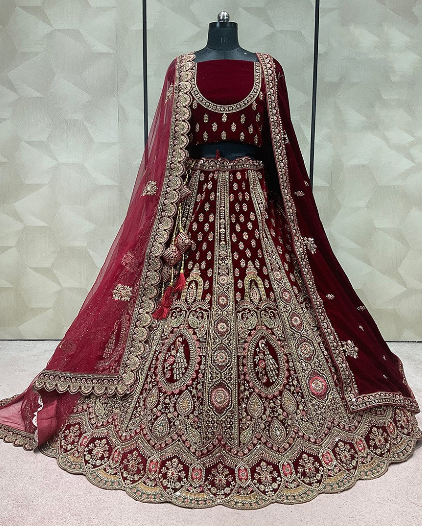 Women's Maroon Silk Embroidered Lehenga Set - Monjolika