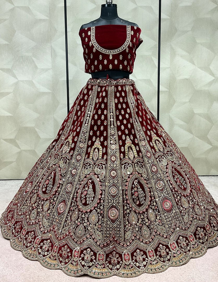 Women's Maroon Silk Embroidered Lehenga Set - Monjolika