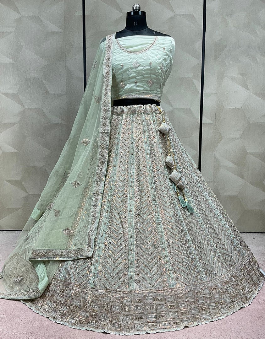 Women's Sea Green Art Silk Crystals Lehenga Set - Monjolika