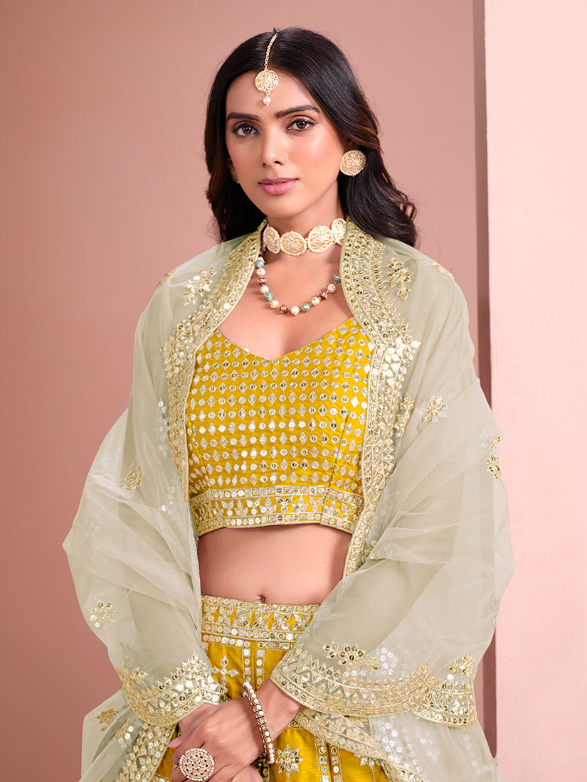 Women's Yellow Silk Embroidered Lehenga Sets - Monjolika