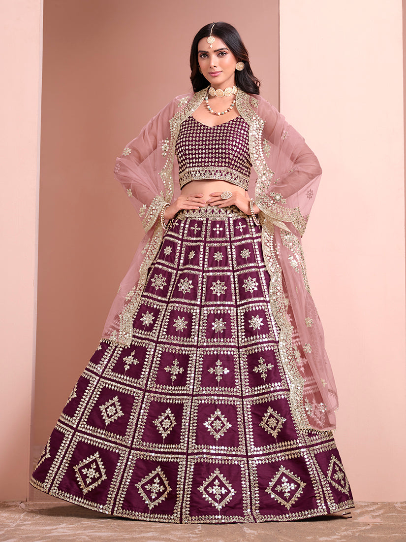 Women's Purple Silk Embroidered Lehenga Sets - Monjolika