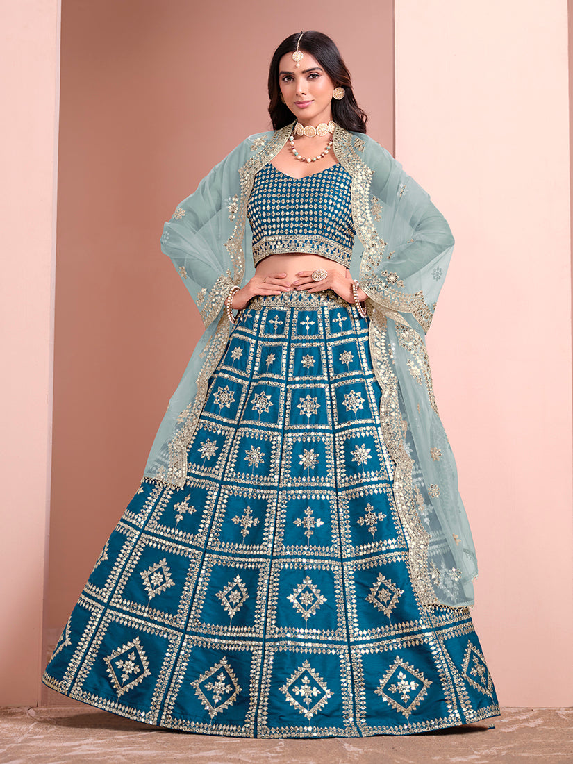 Women's Blue Silk Embroidered Lehenga Sets - Monjolika