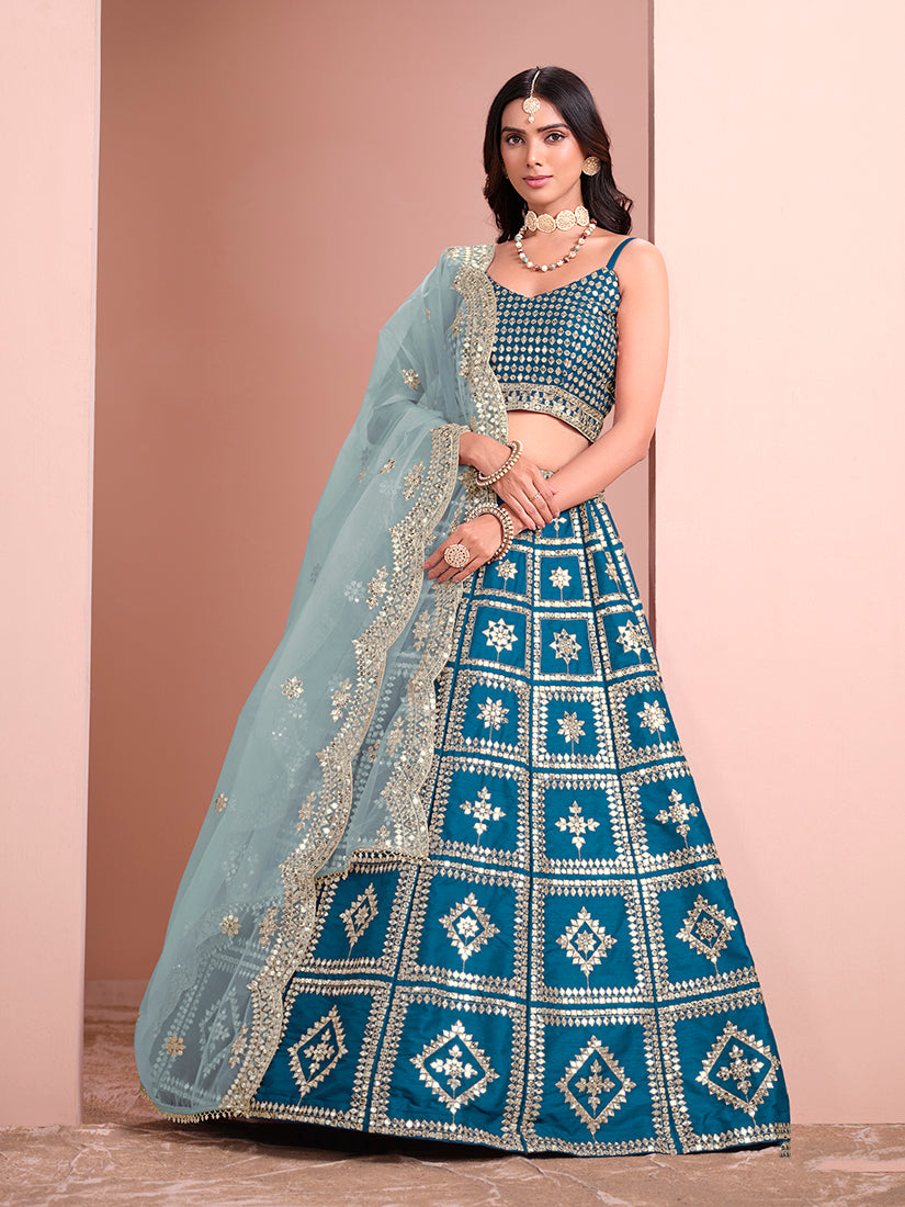 Women's Blue Silk Embroidered Lehenga Sets - Monjolika