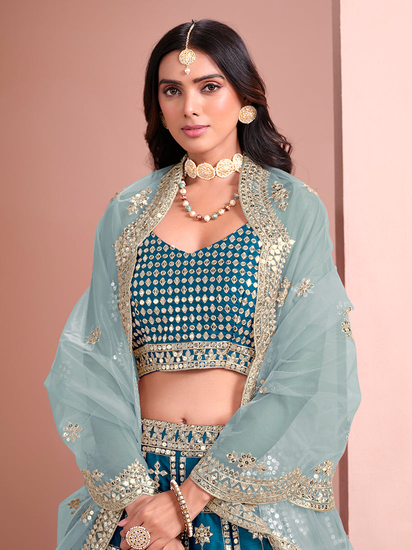 Women's Blue Silk Embroidered Lehenga Sets - Monjolika