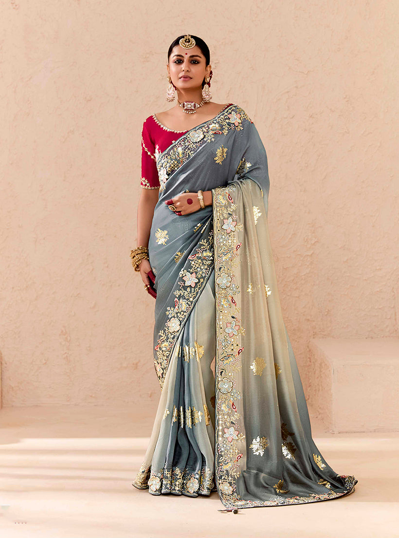 Women's Grey & Cream Viscose Embroidered Saree - Monjolika Fashion