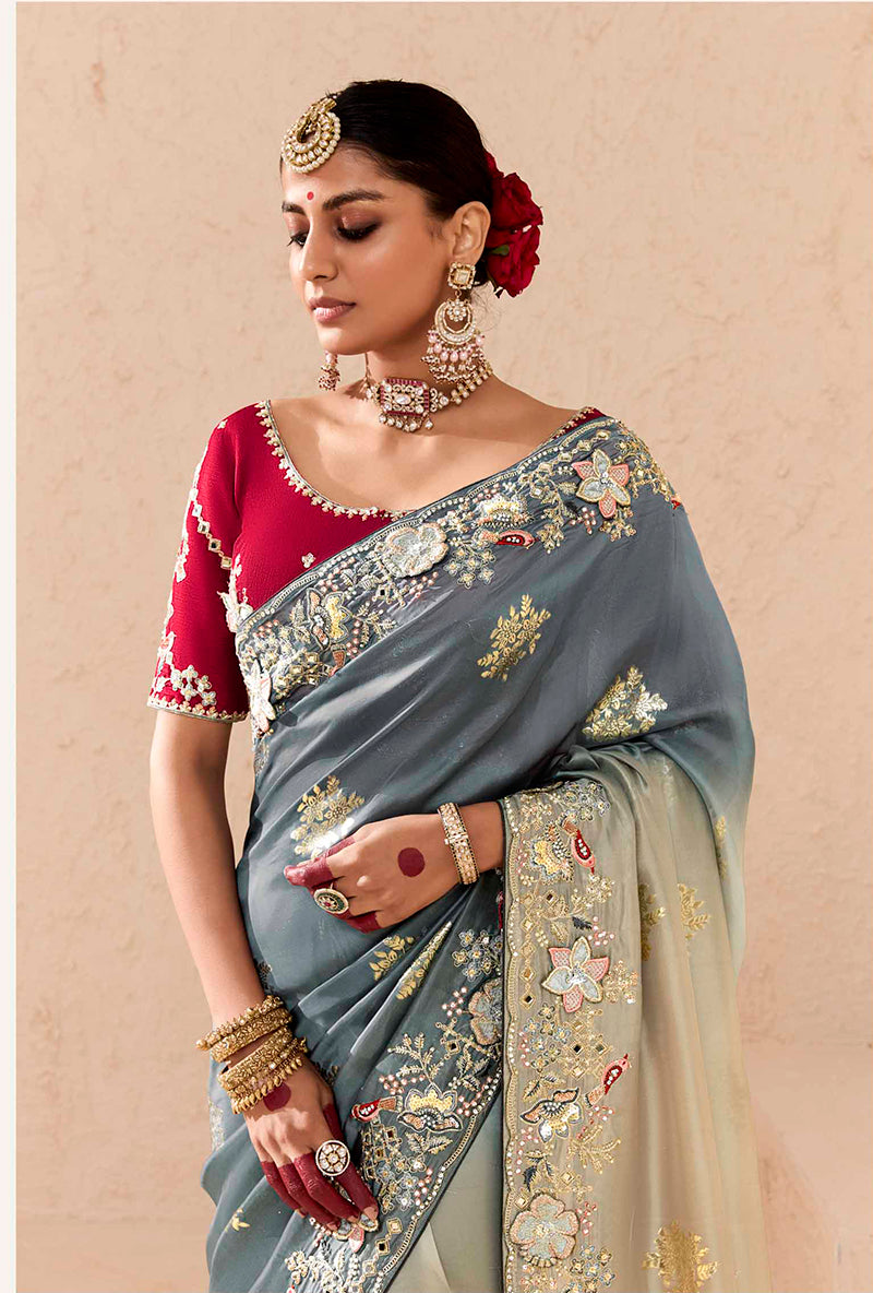 Women's Grey & Cream Viscose Embroidered Saree - Monjolika Fashion