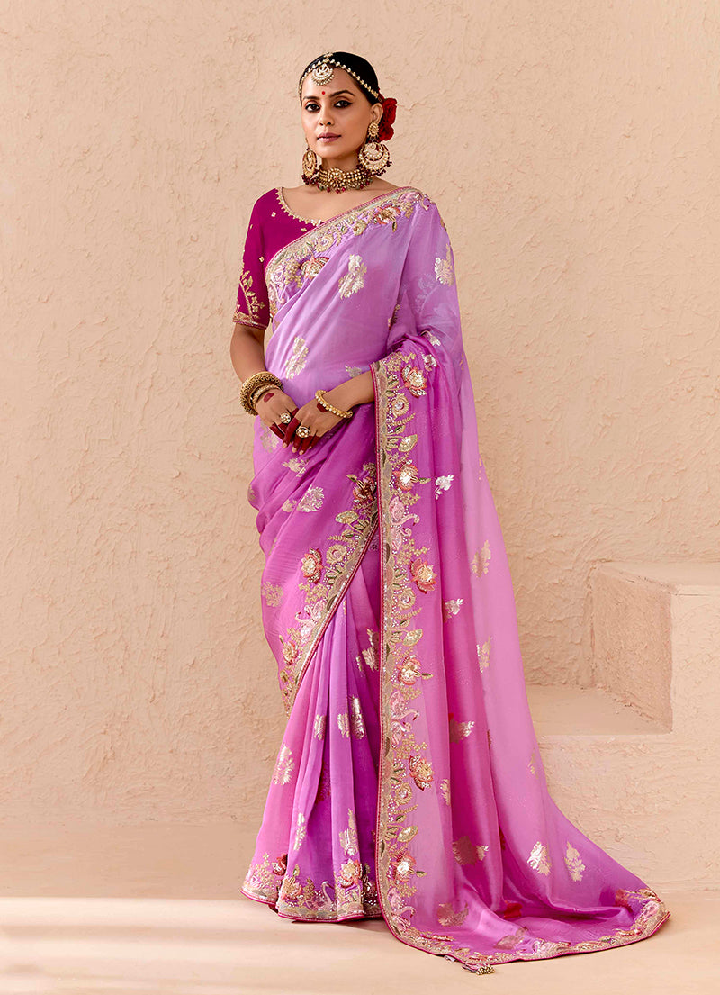 Women's Lavender & Magenta Viscose Embroidered Saree - Monjolika Fashion