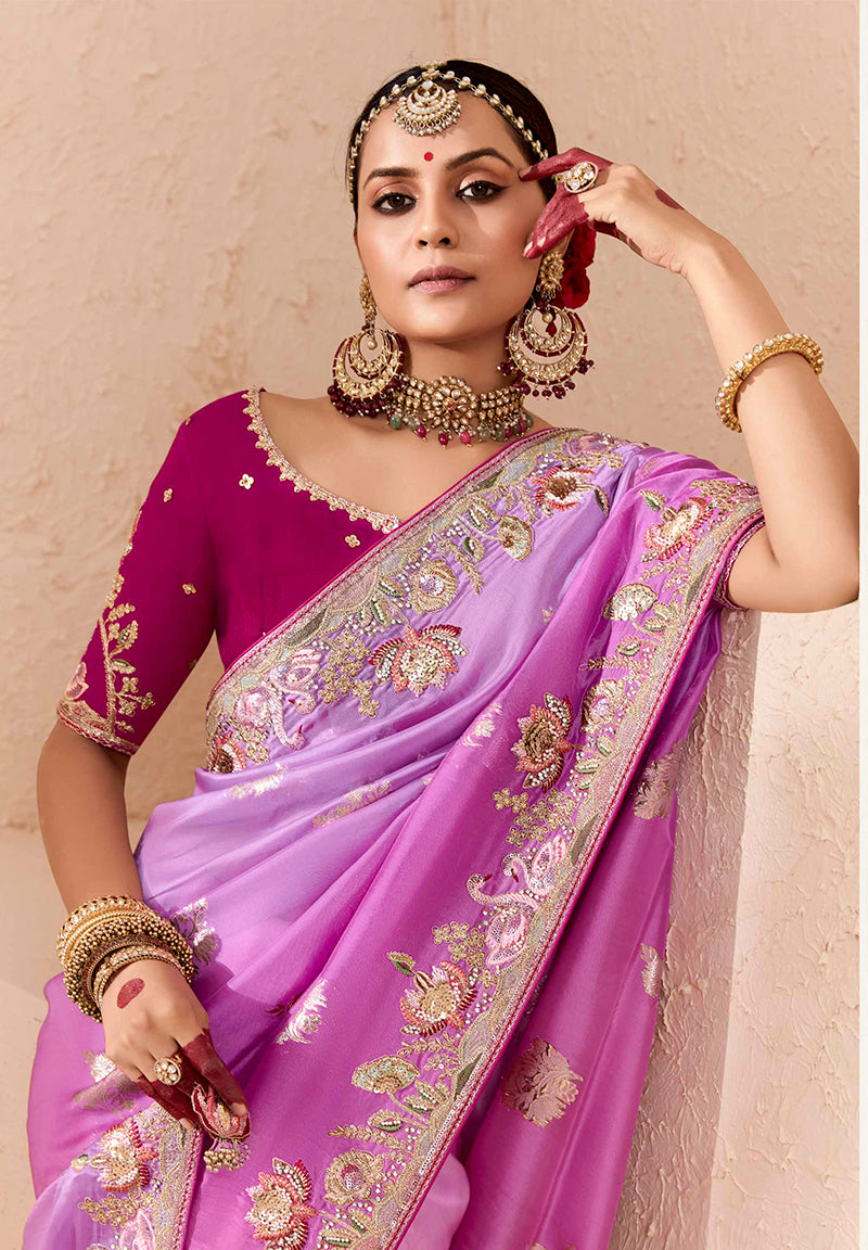 Women's Lavender & Magenta Viscose Embroidered Saree - Monjolika Fashion