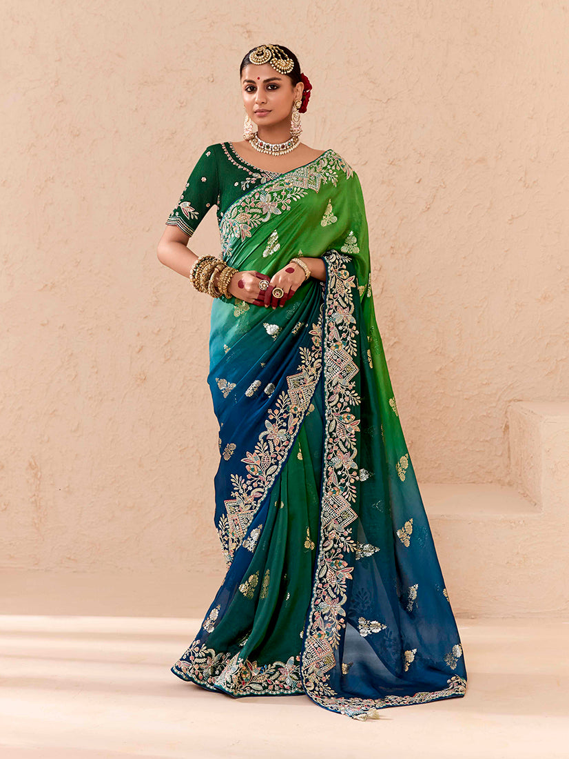 Women's Green & Morpeach Viscose Embroidered Saree - Monjolika Fashion