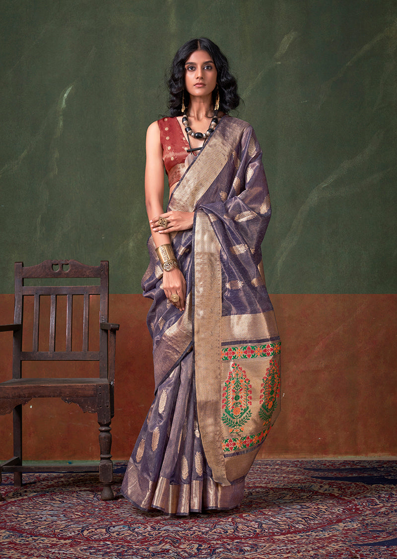 Women's Purple Tissue Woven Saree - Monjolika Fashion