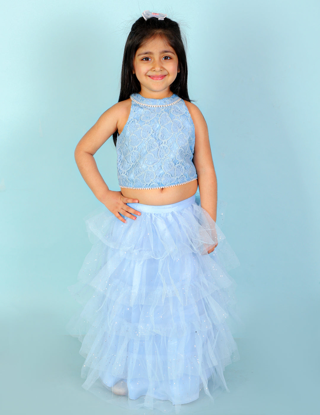 Girl's Lace Top With Pearl Detailing & Mesh Glitter Layered Skirt-Blue - Lil Peacock