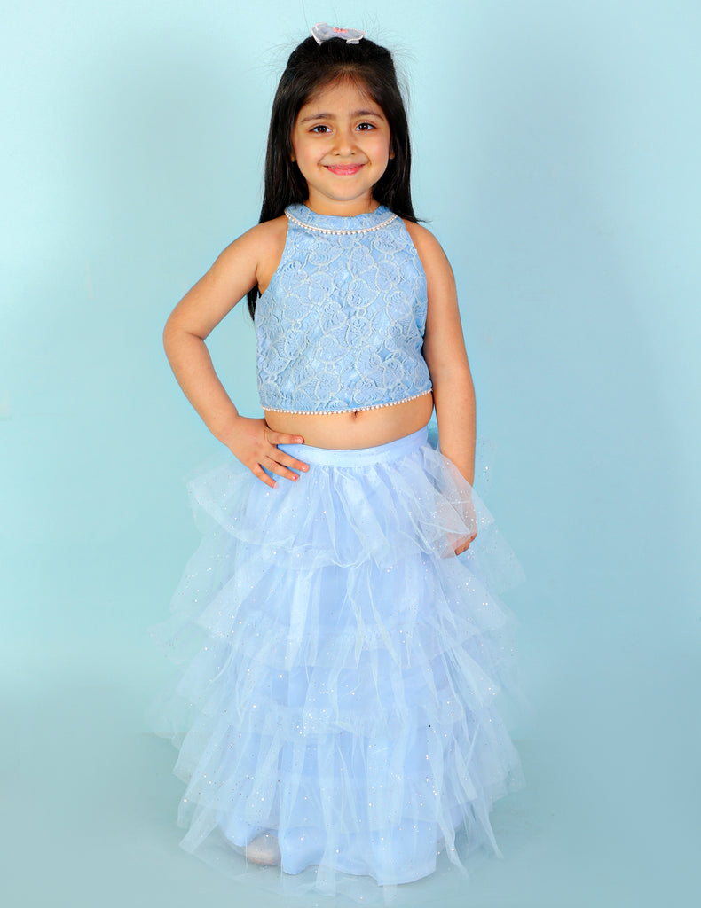 Girl's Lace Top With Pearl Detailing & Mesh Glitter Layered Skirt-Blue