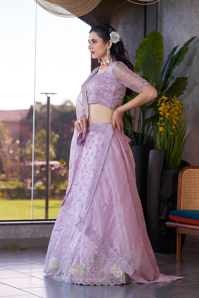 Women's Purple Silk Embroidered Lehenga Sets - Monjolika