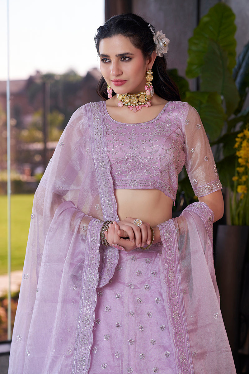 Women's Purple Silk Embroidered Lehenga Sets - Monjolika