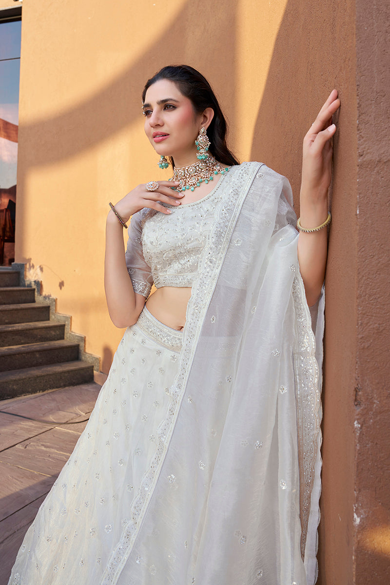 Women's White Silk Embroidered Lehenga Sets - Monjolika