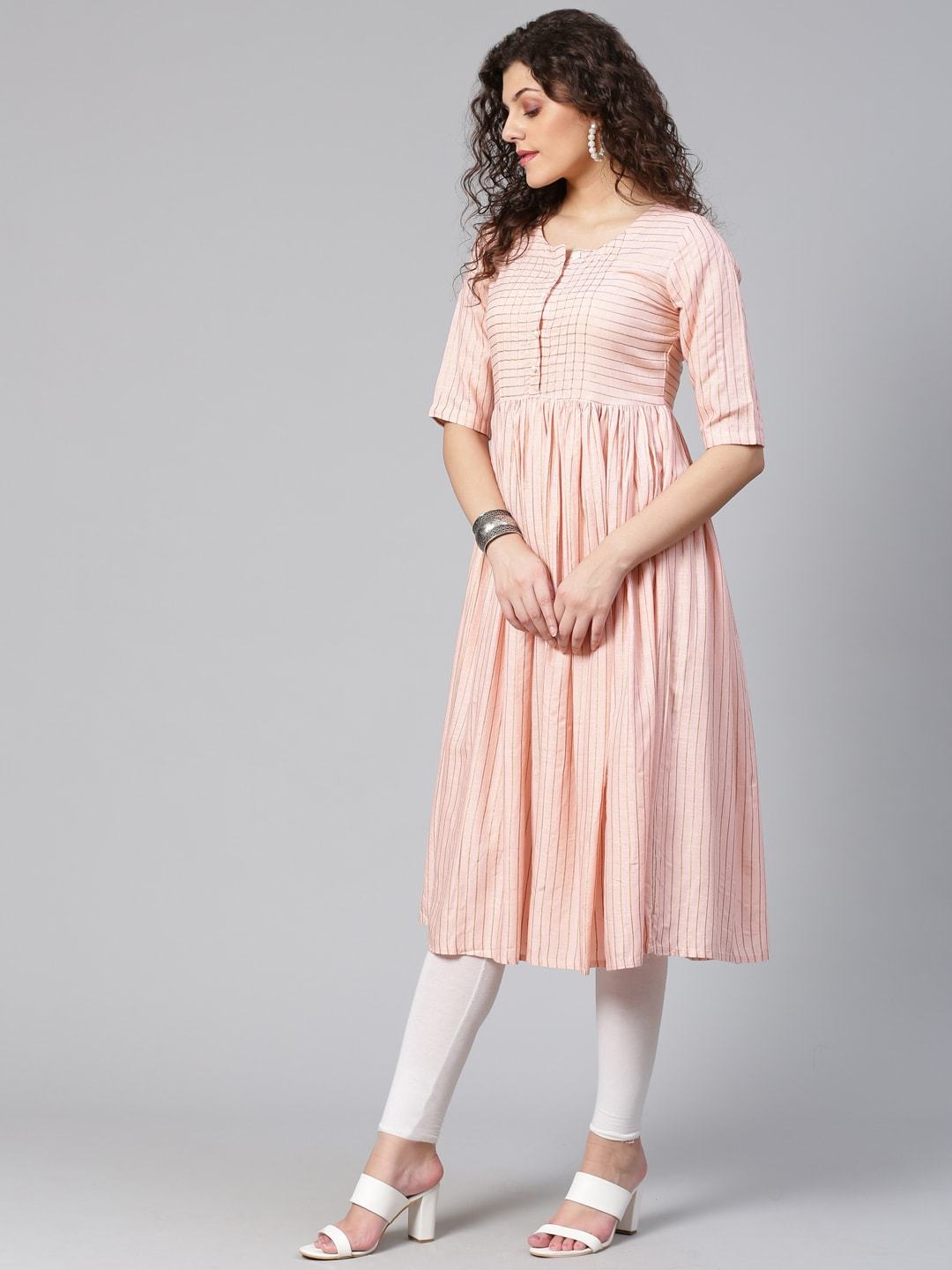 Women's Pink & Golden Striped Anarkali Kurta